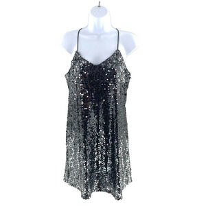 Express Mini Dress Sequin Sz S Metallic Silver Spaghetti Strap‎ Racer Back Party